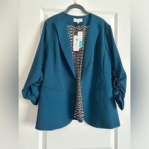 Skies Are Blue | Collarless Ruched Sleeve Blazer | Teal Green | 1X